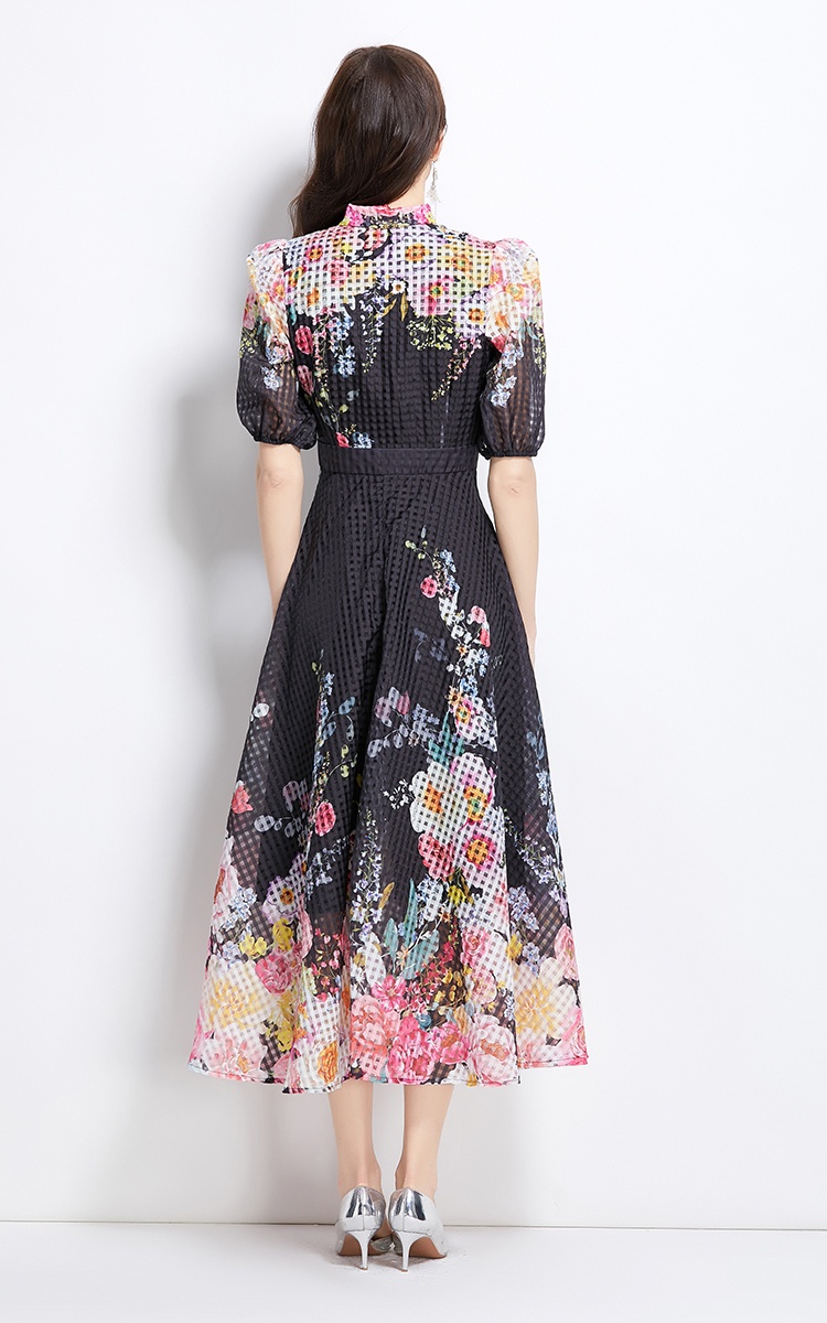 Flowers puff sleeve long painting spring and summer dress