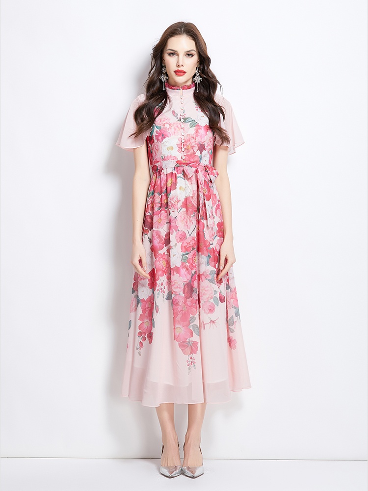 Lotus leaf edges cstand collar boats sleeve dress