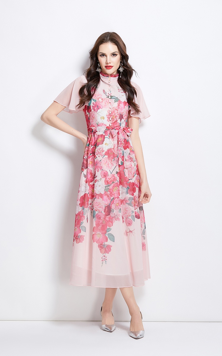 Lotus leaf edges cstand collar boats sleeve dress