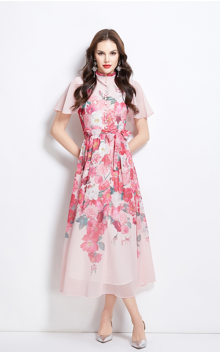 Lotus leaf edges cstand collar boats sleeve dress