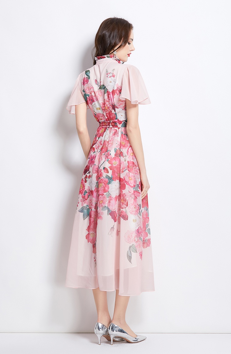 Lotus leaf edges cstand collar boats sleeve dress