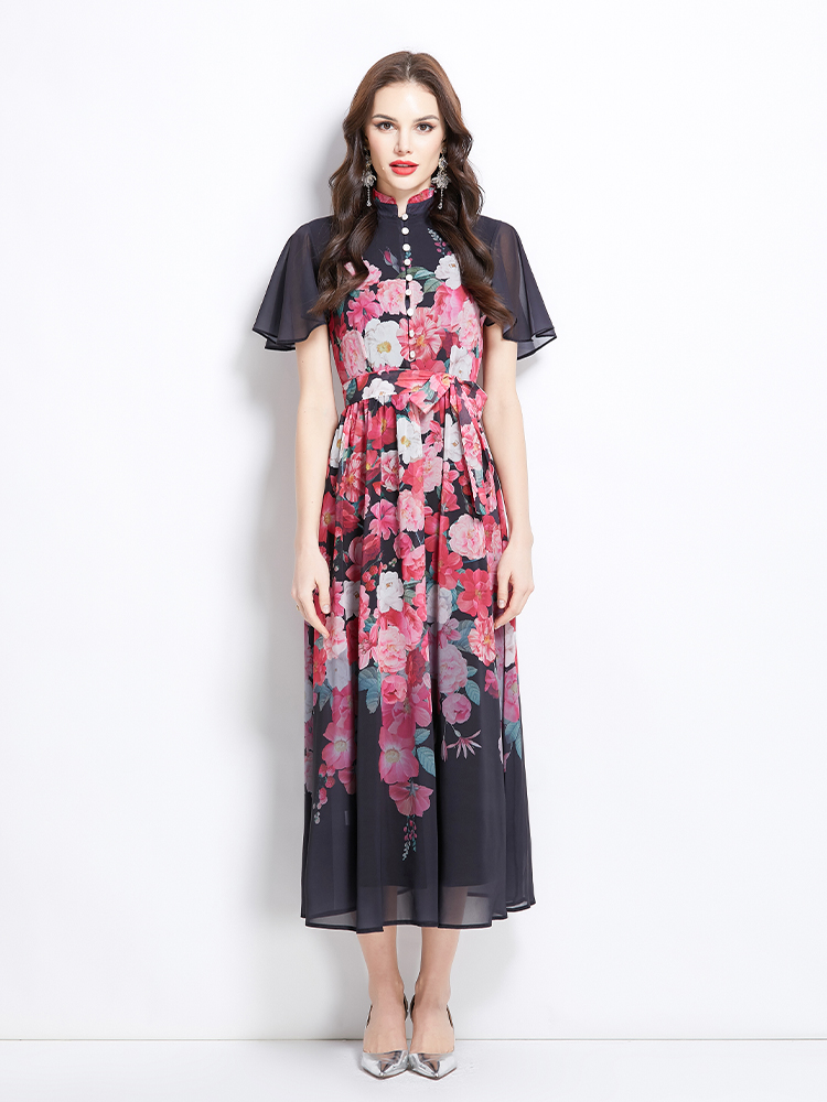 Boats sleeve colors lotus leaf edges floral dress