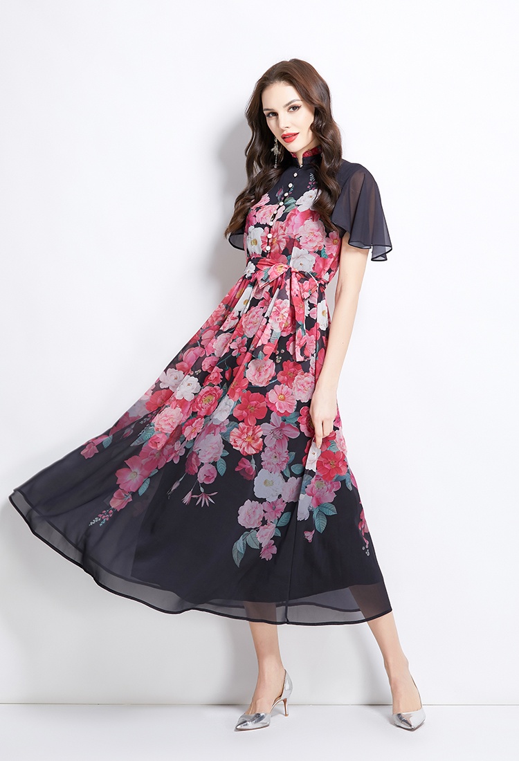 Boats sleeve colors lotus leaf edges floral dress