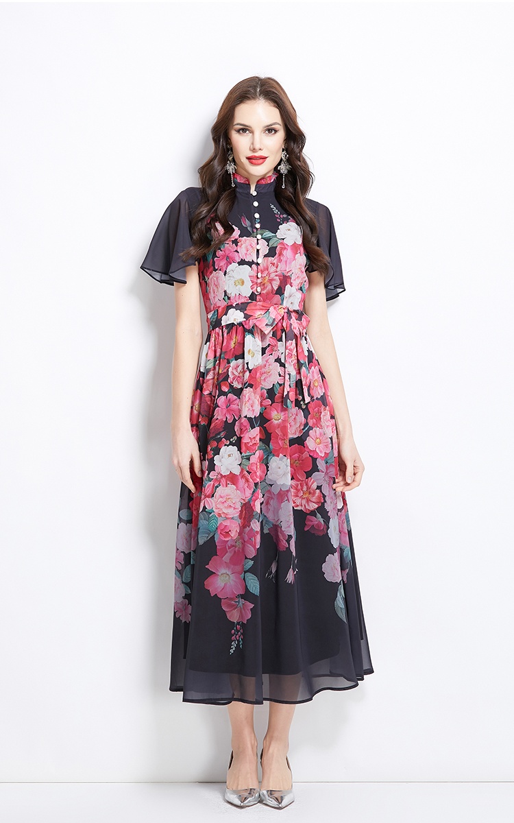 Boats sleeve colors lotus leaf edges floral dress