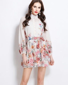 Cstand collar flowers vacation short dress