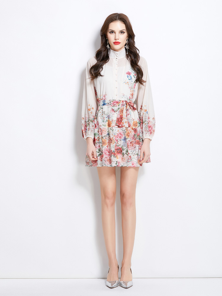 Cstand collar flowers vacation short dress