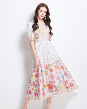 Pinched waist painting spring and summer V-neck dress