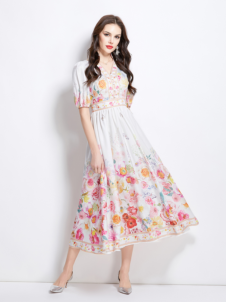 Pinched waist painting spring and summer V-neck dress