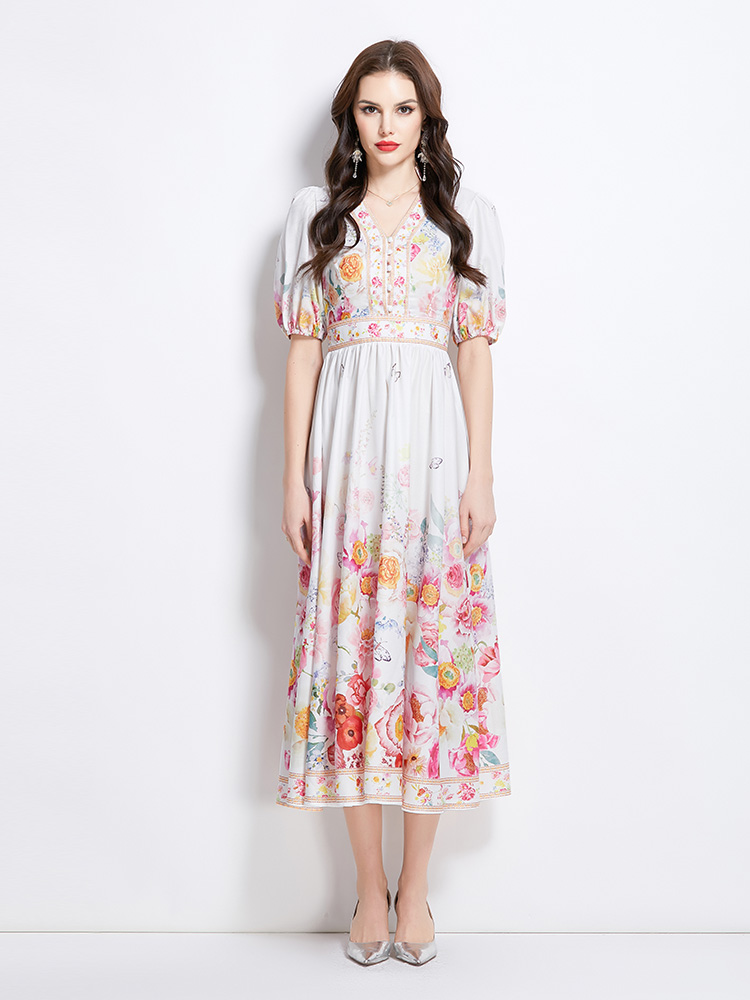 Pinched waist painting spring and summer V-neck dress