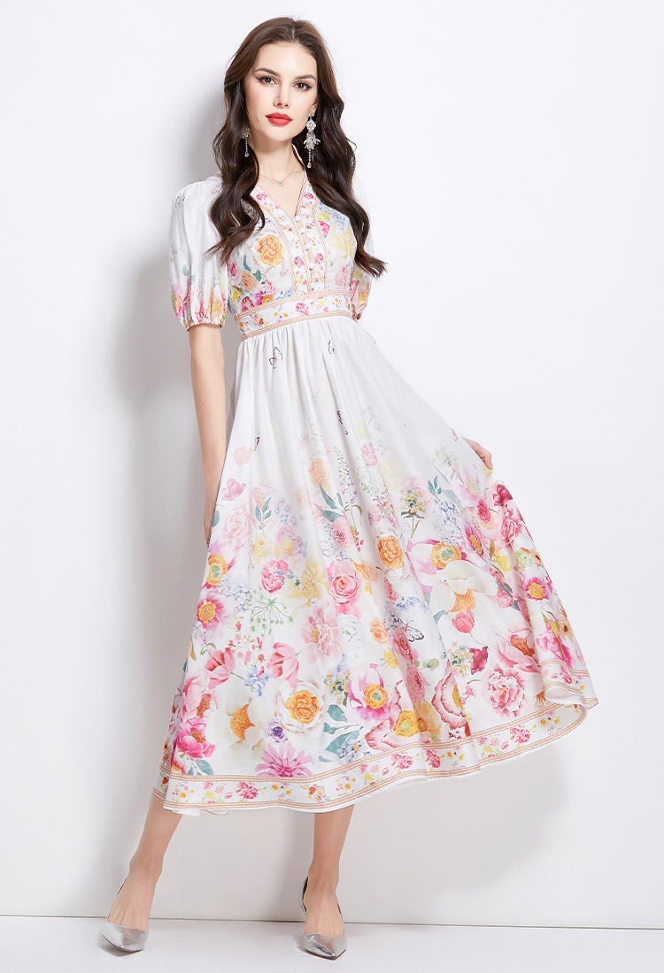 Pinched waist painting spring and summer V-neck dress