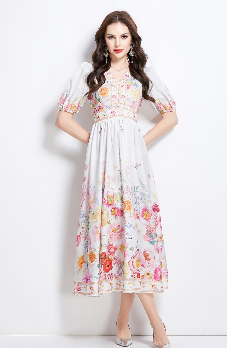 Pinched waist painting spring and summer V-neck dress