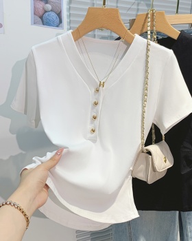 White summer short sleeve tops short buckle T-shirt