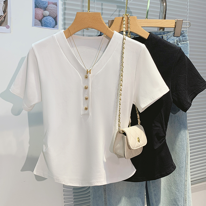 White summer short sleeve tops short buckle T-shirt