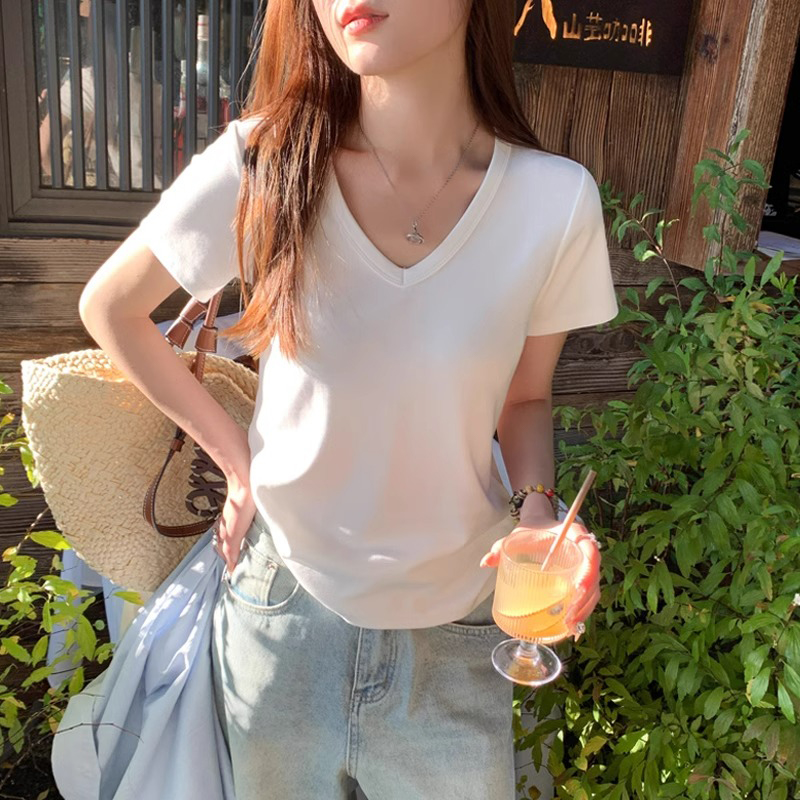 All-match Casual tops slim V-neck T-shirt for women