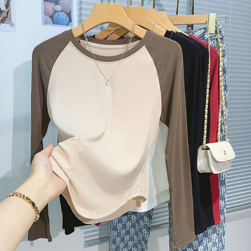 Slim mixed colors tops screw thread T-shirt for women