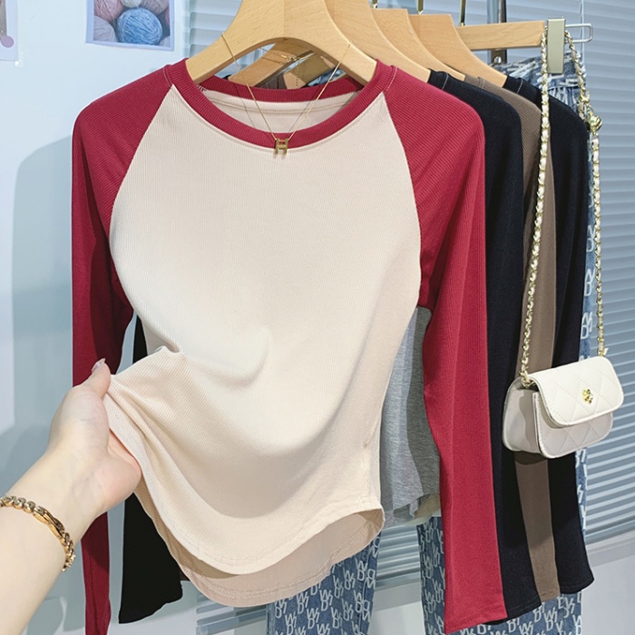 Slim mixed colors tops screw thread T-shirt for women