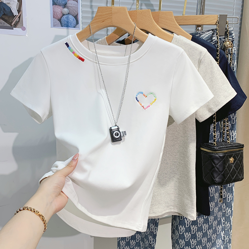 White heart T-shirt embroidery summer tops for women