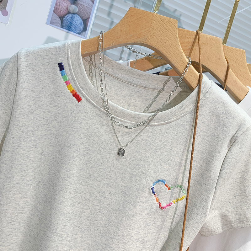 White heart T-shirt embroidery summer tops for women