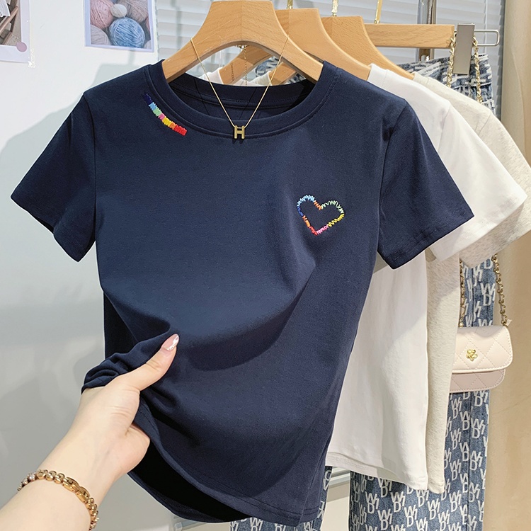 White heart T-shirt embroidery summer tops for women