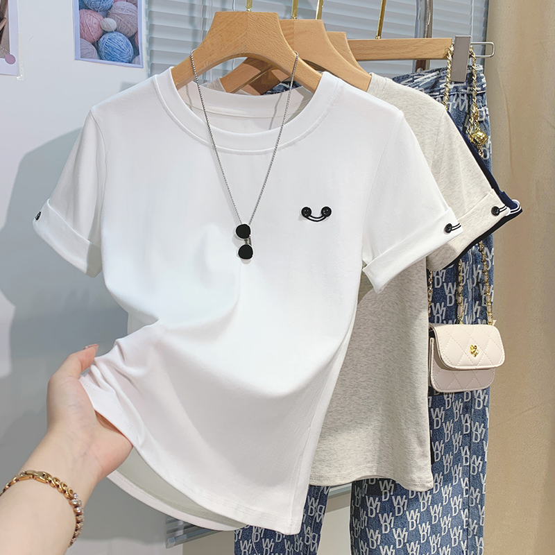 White buckle T-shirt unique short sleeve tops