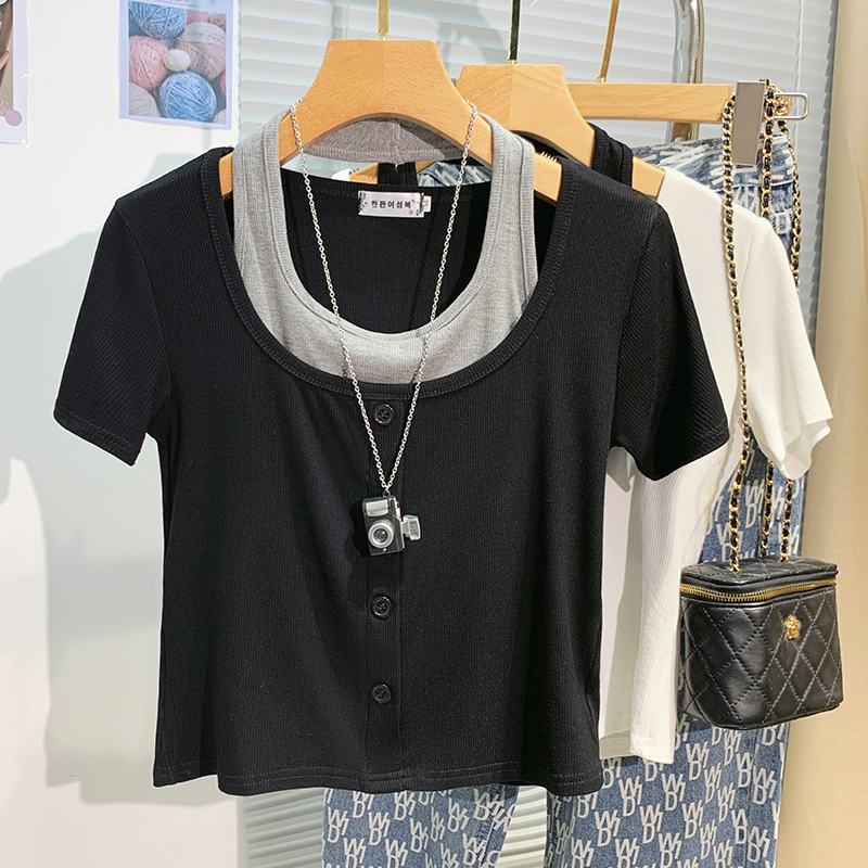 Short sleeve Pseudo-two halter T-shirt summer short tops