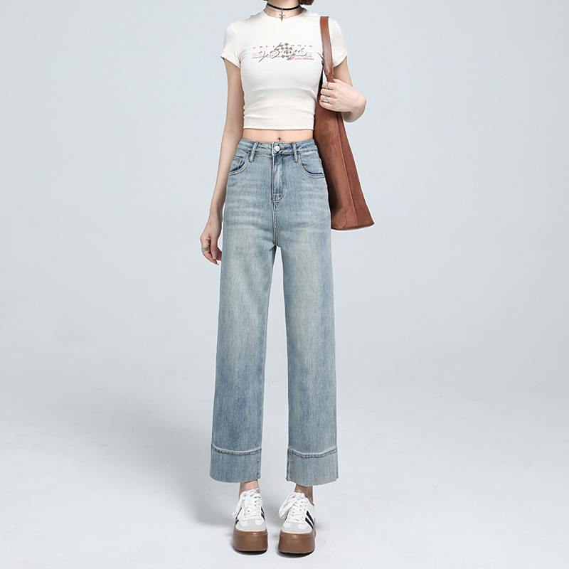 All-match straight pants high waist nine tenths slim jeans