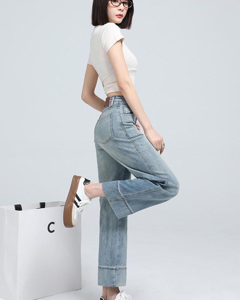 All-match straight pants high waist nine tenths slim jeans