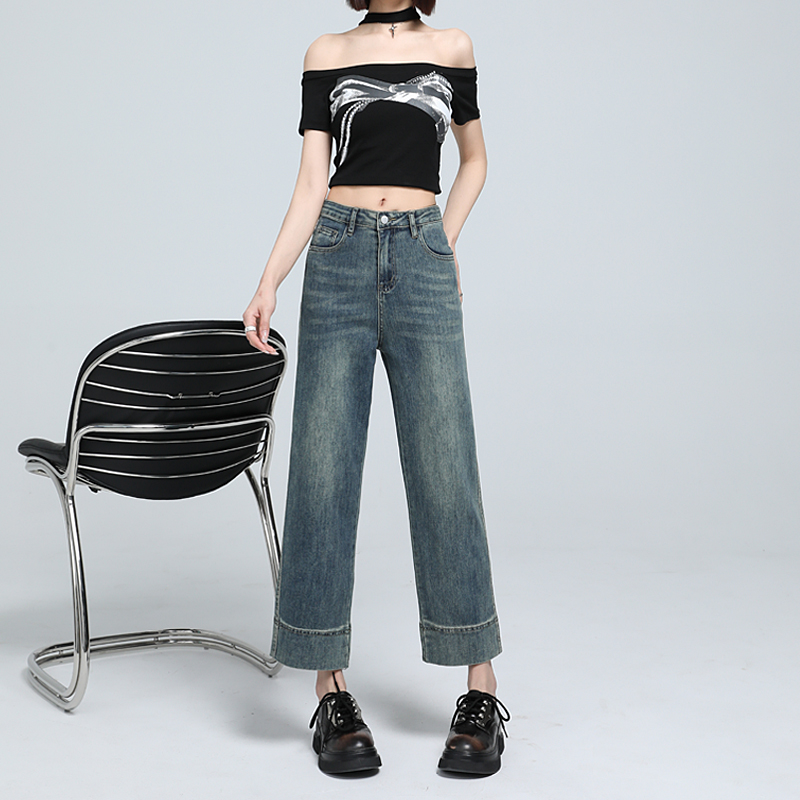 All-match straight pants high waist nine tenths slim jeans