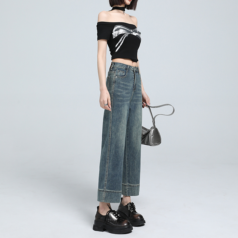 All-match straight pants high waist nine tenths slim jeans