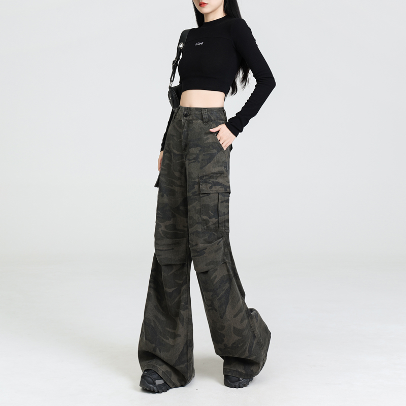 Olive-green drape hip-hop pants loose camouflage work pants