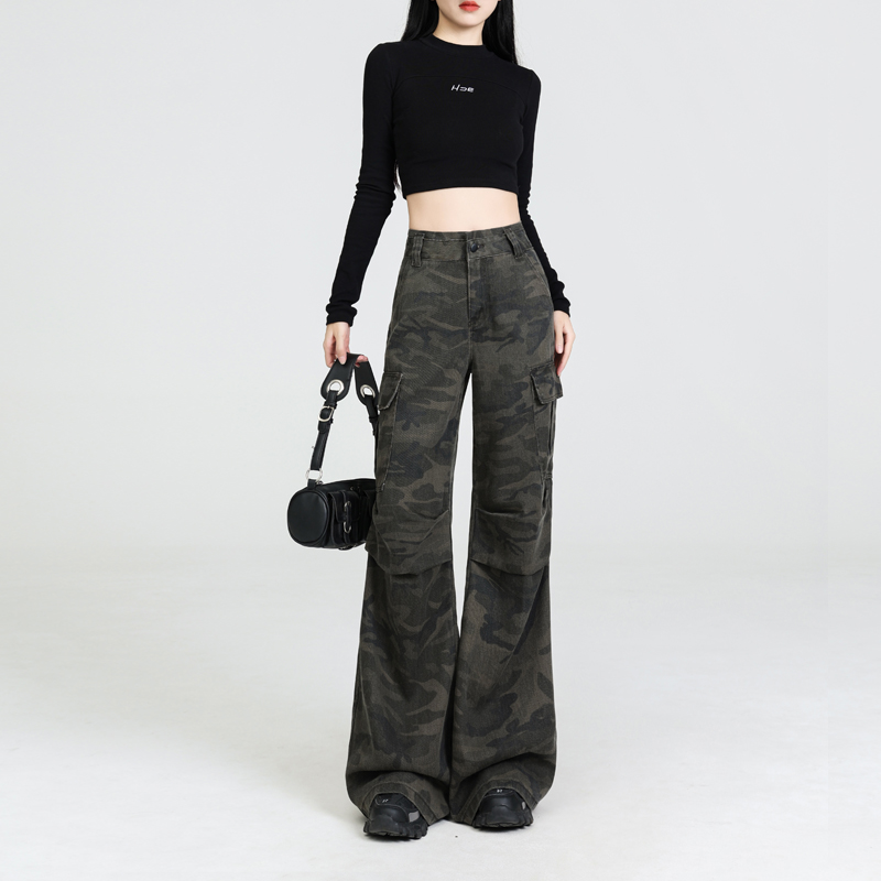 Olive-green drape hip-hop pants loose camouflage work pants