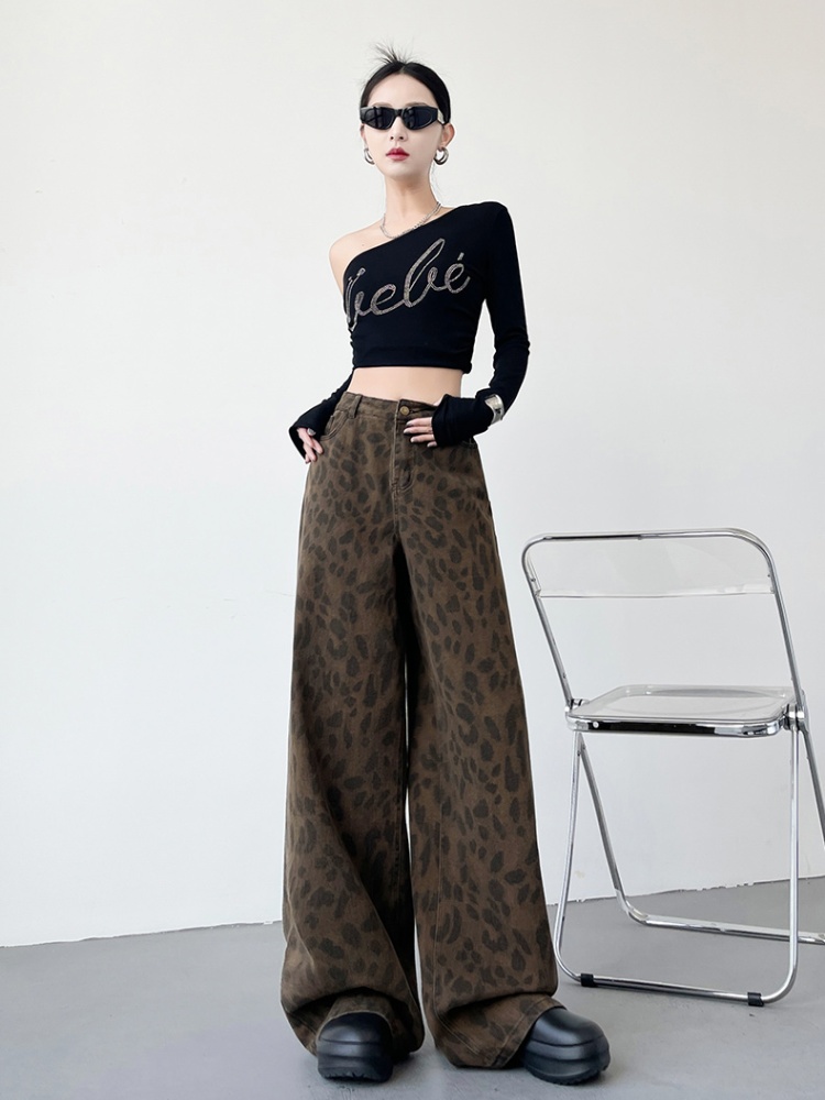 Retro leopard jeans American style casual pants for women