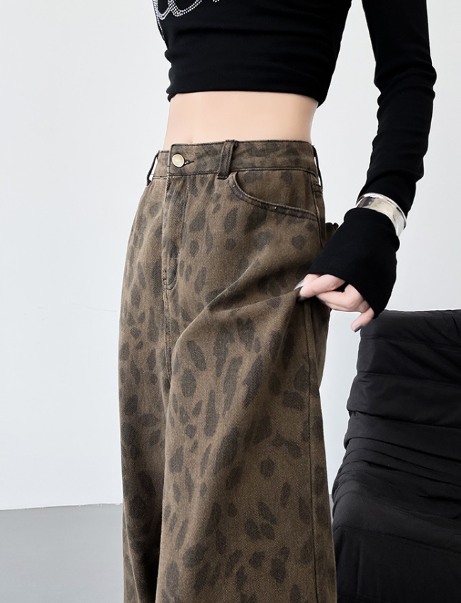 Retro leopard jeans American style casual pants for women