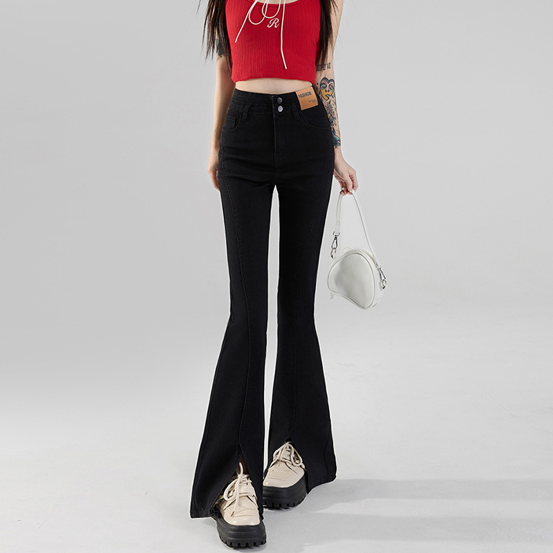 Micro speaker high waist jeans split flare pants for women