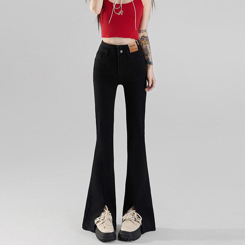 Micro speaker high waist jeans split flare pants for women