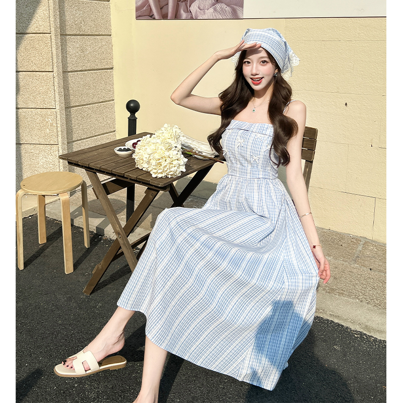 Romantic summer wrapped chest pinched waist stripe dress