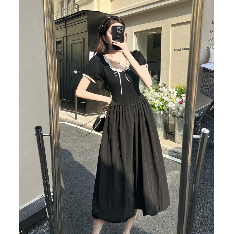 Thick and disorderly puff sleeve dress sweet long dress