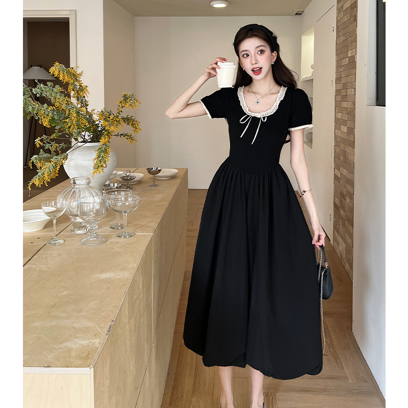 Thick and disorderly puff sleeve dress sweet long dress