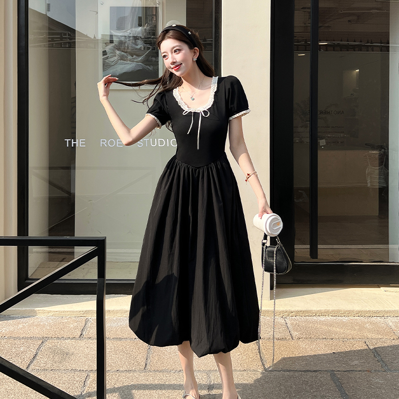 Thick and disorderly puff sleeve dress sweet long dress