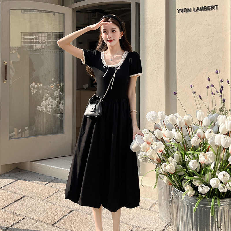 Thick and disorderly puff sleeve dress sweet long dress