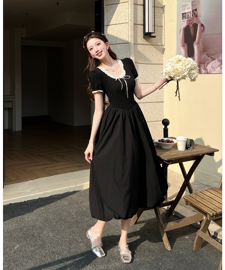 Thick and disorderly puff sleeve dress sweet long dress