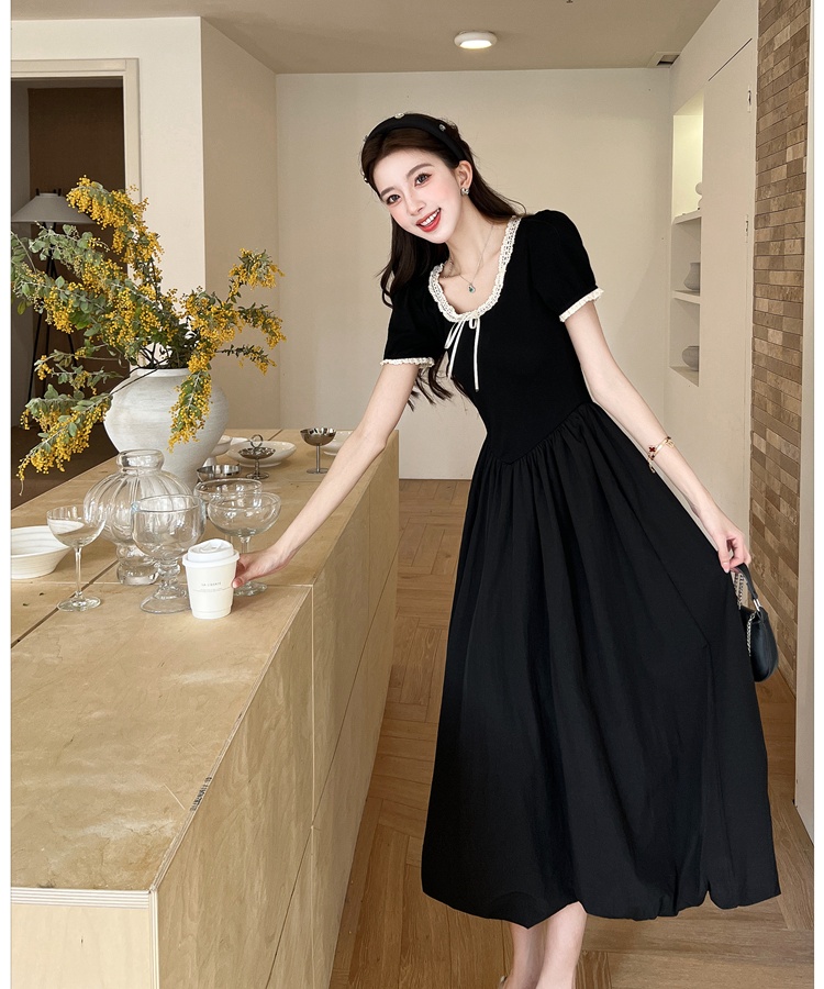 Thick and disorderly puff sleeve dress sweet long dress