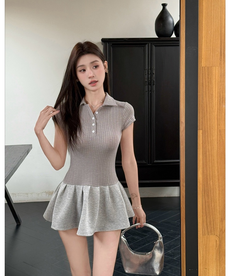 Lapel retro splice dress knitted short sleeve spicegirl corset