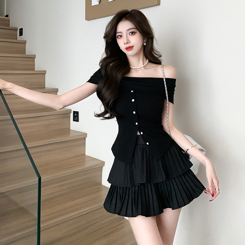 Summer high waist tops flat shoulder cake skirt 2pcs set