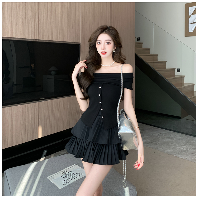 Summer high waist tops flat shoulder cake skirt 2pcs set