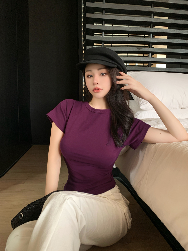 Round neck summer tops purple T-shirt for women