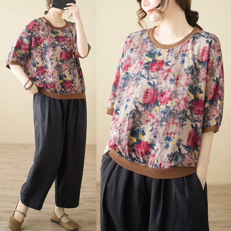 Casual cotton linen printing T-shirt for women