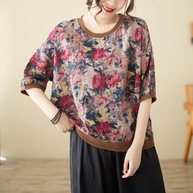 Casual cotton linen printing T-shirt for women