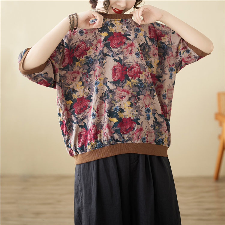 Casual cotton linen printing T-shirt for women