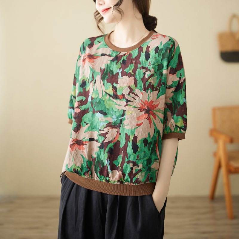 Casual round neck T-shirt art simple tops for women